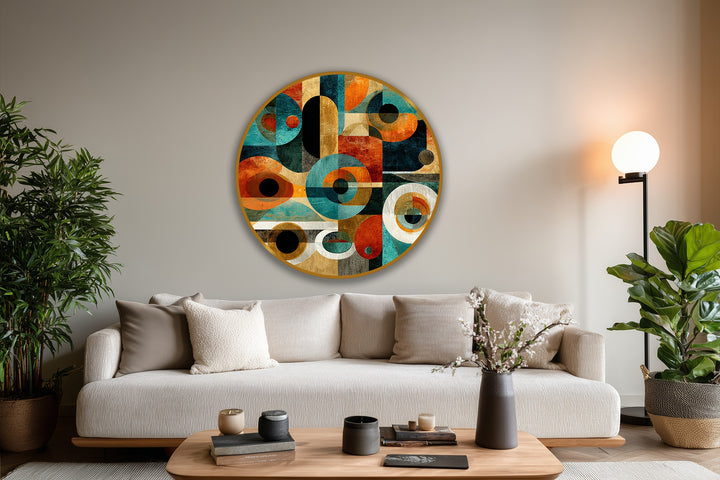 With a smooth finish, this round oil painting features a retro geometric design, showcasing modern oil painting art with bold circles and vibrant, mid-century-inspired colors.