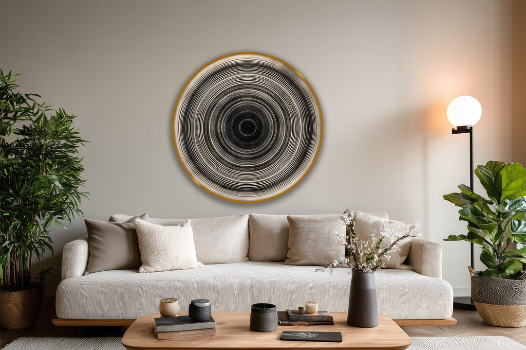 Black and white is the dominant color in this minimalist, circular wooden oil painting art piece, showcasing concentric monochrome lines in a modern oil painting art piece.