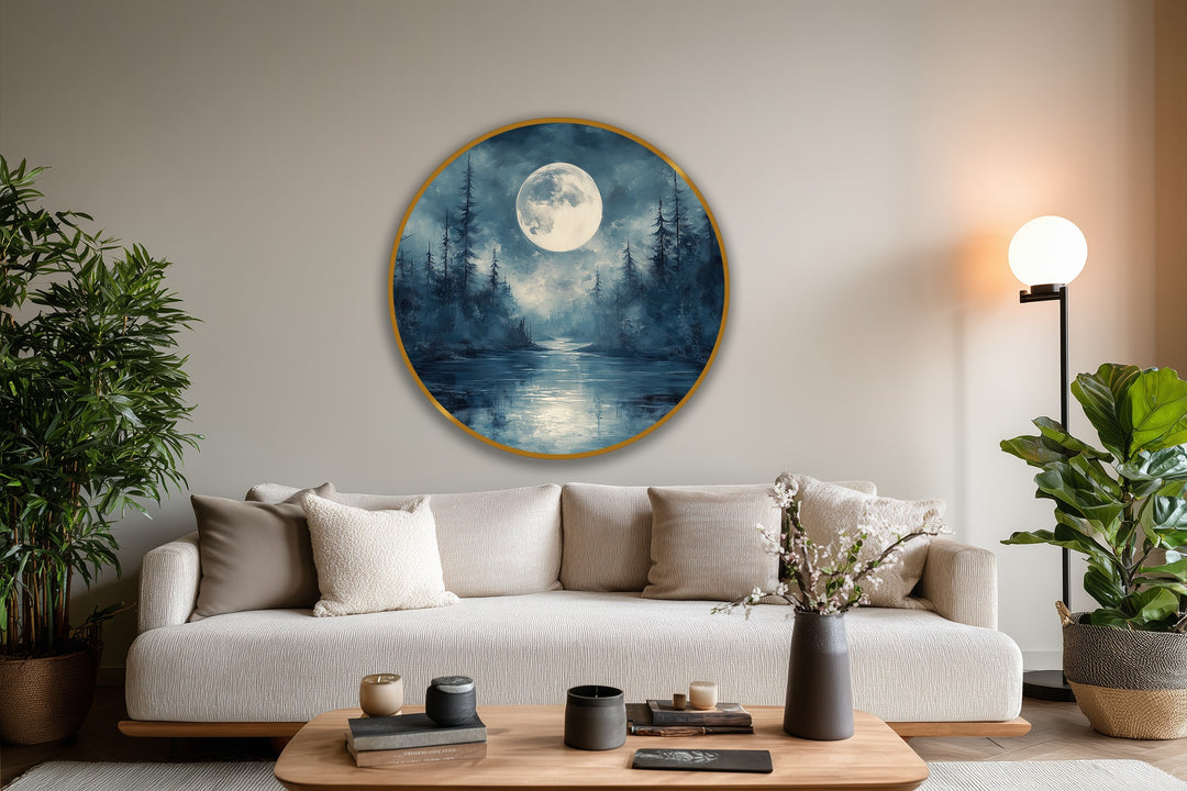 Intense color saturation enhances this round oil painting decoration depicting a full moon casting a glow over a mystical forest night and serene river.