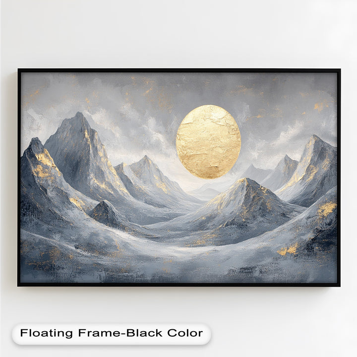 Serene gray and gold mountain painting with radiant sun.
