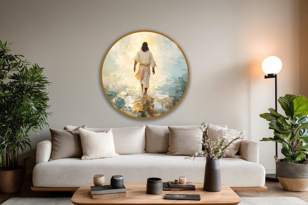 High color saturation enhances the modern oil painting art in this 'Into the Light' serene faith journey, enriching the depiction of a robed figure on calm waters.