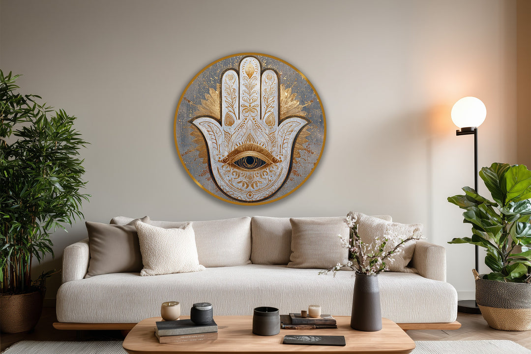 Horizontal, round sacred Hamsa eye is a beautiful oil painting reproduction print showcasing ornate wooden details, a golden frame, and a protective design.