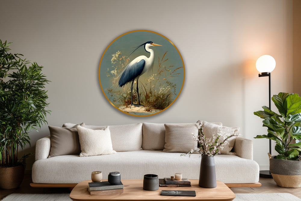 Serene mood conveyed by the majestic heron oil painting decoration in soft sage, offering a touch of elegant nature for sophisticated spaces.