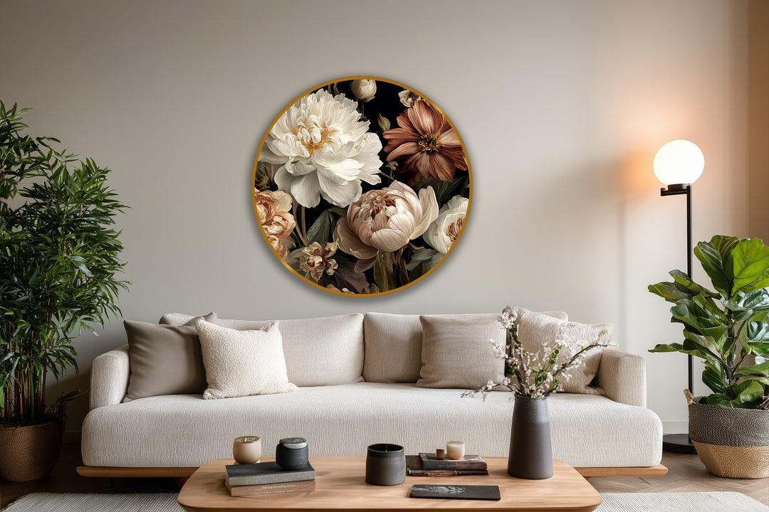 Visual rhythm is achieved through the balanced arrangement of light and dark florals in this round velvet bloom oil painting reproduction print.
