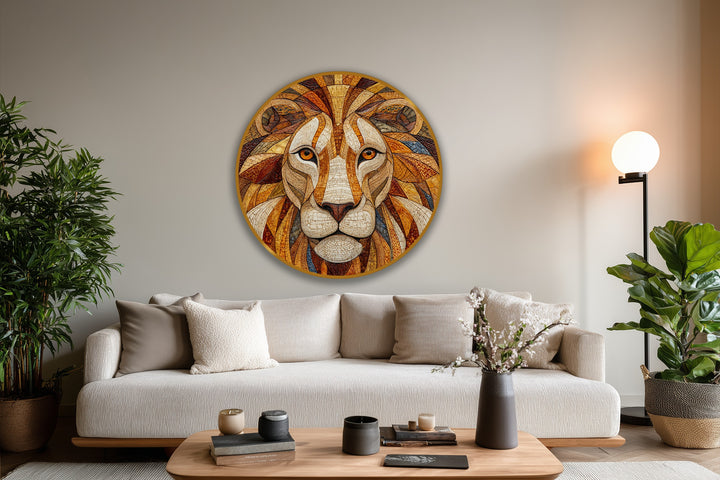 Featuring abstract quality, the mosaic lion portrait in this golden dominion round oil painting offers unique oil painting decoration, creating a powerful symbol.