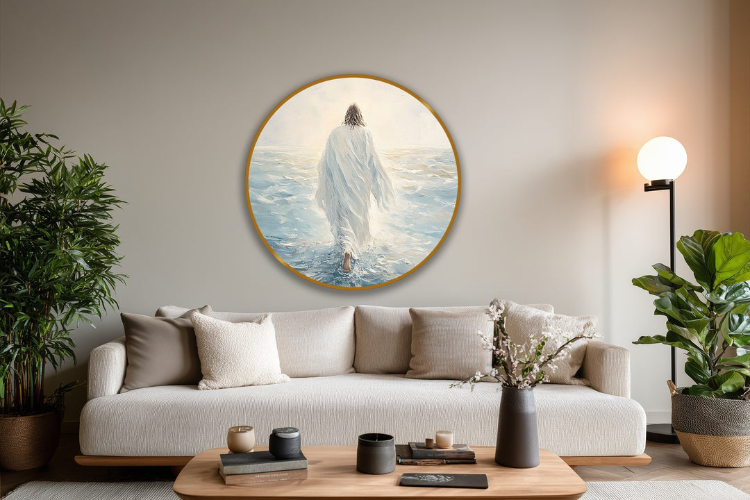 Dramatic light and shadow define this round oil painting art piece, highlighting the figure walking on water, creating a serene and faith-inspired artwork.