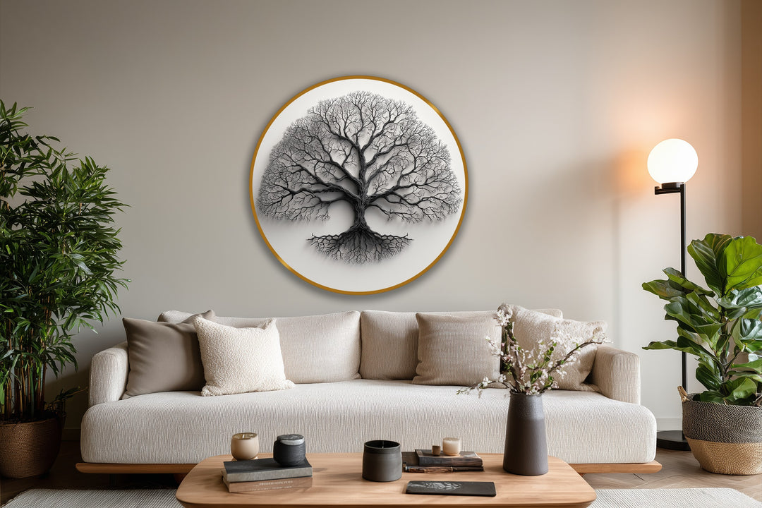 Calming mood created by the minimalist monochrome tree silhouette round in this modern oil painting art, making for an elegant addition to a contemporary interior.