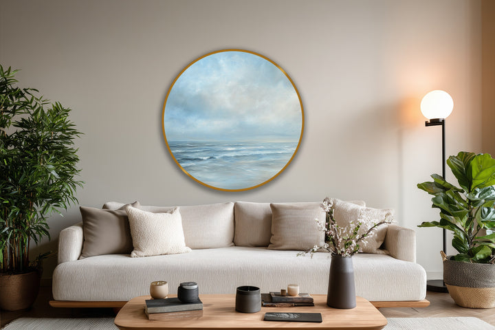Cool color temperature radiates from this modern oil painting art of a serene seascape, depicting a tranquil ocean and cloudy sky in a minimalist style.