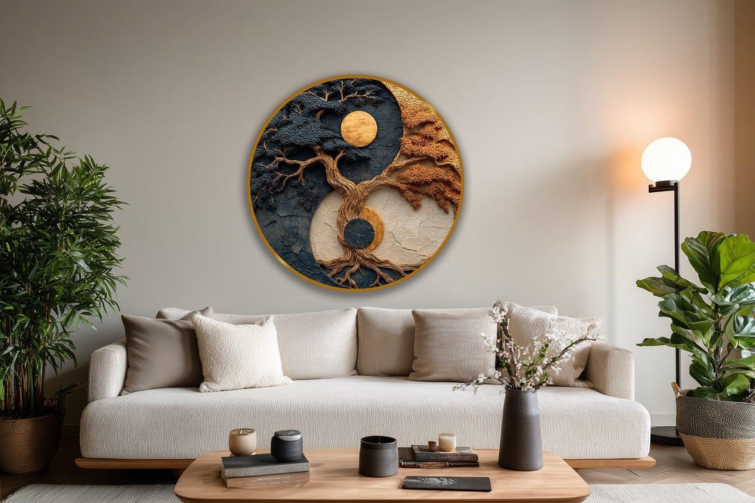 Textured gold and earthy tones define this celestial balance tree round abstract oil painting artwork, creating a visually striking and symbolic composition.