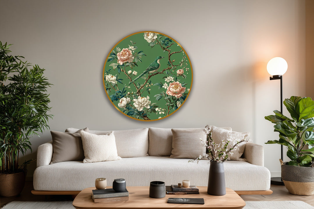 Highlighting the edge and borders of this Emerald Songbird Among Blossoms Round oil painting art piece reveals a distinct gold trim that frames the floral and avian design.