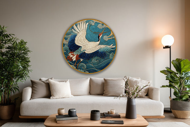 Gradual shifts between turquoise skies and indigo ocean swells define this graceful crane oil painting decoration, with golden accents adding warmth to the celestial flight.