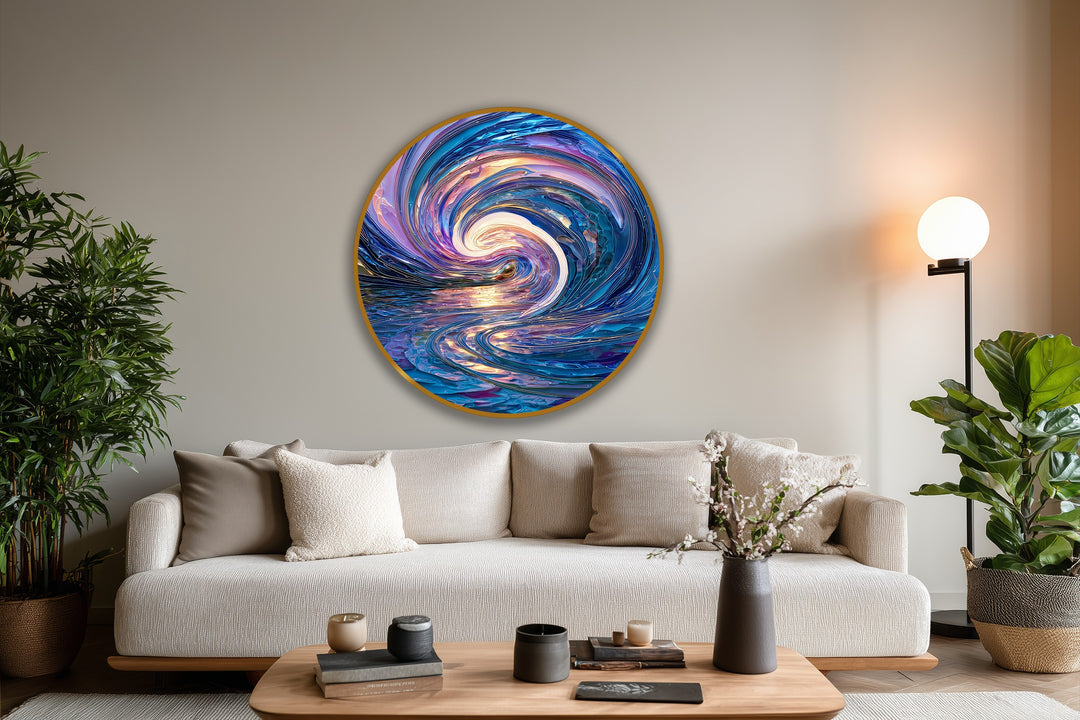 Calming mood created by an iridescent wave oil painting home decor piece with swirling textures in violet and blue hues adds a stylish touch.