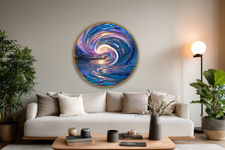 Calming mood created by an iridescent wave oil painting home decor piece with swirling textures in violet and blue hues adds a stylish touch.