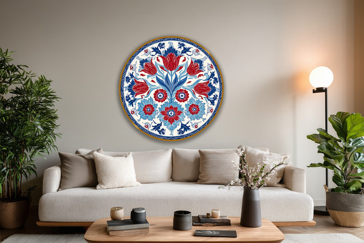 Striking color contrast defines the vibrant ottoman floral motif round oil painting art piece, with bold reds and deep blues creating a captivating home decor design.
