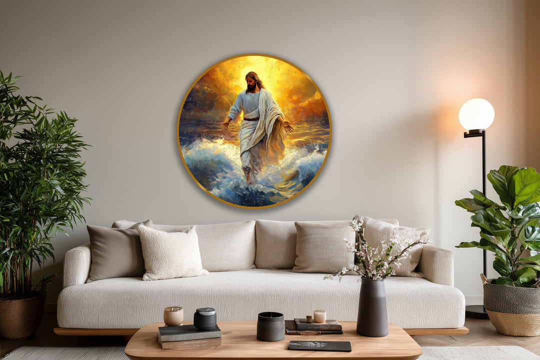 Horizontal, round Divine Light Over the Waves oil painting showcasing Jesus walking on water, adding inspirational oil painting home decor.