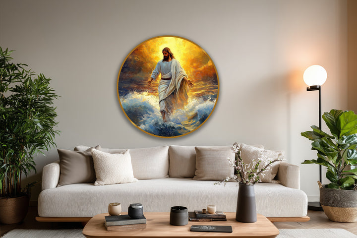 Horizontal, round Divine Light Over the Waves oil painting showcasing Jesus walking on water, adding inspirational oil painting home decor.