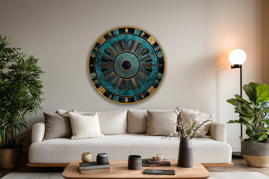 Softly lit, the canvas evokes a luxurious abstract round oil painting wall art, with an eye-catching teal and gold mandala design.