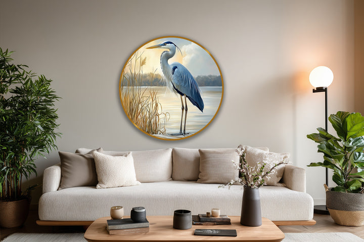 Featuring an abstract quality, this round animal oil painting decoration depicts a heron in a stylized, ethereal rendition of still waters at sunrise.