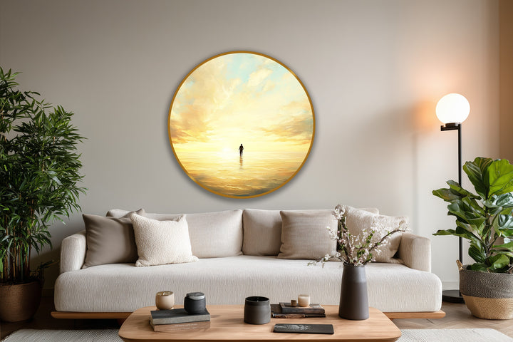 Aspirational mood conveyed by this golden sunset reflection round oil painting, offering a serene and contemplative oil painting decoration.