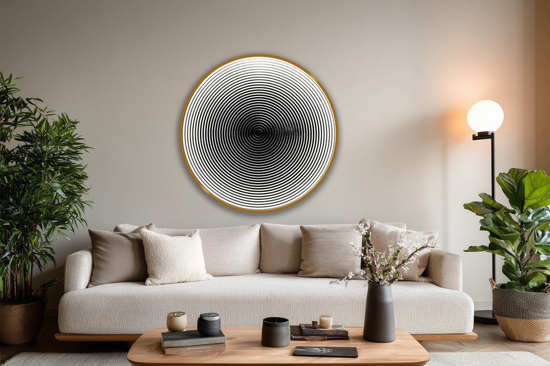 Framed by a thin, gold border, the hypnotic oil painting decoration emphasizes the minimalist round wood edge of this concentric line wall art.