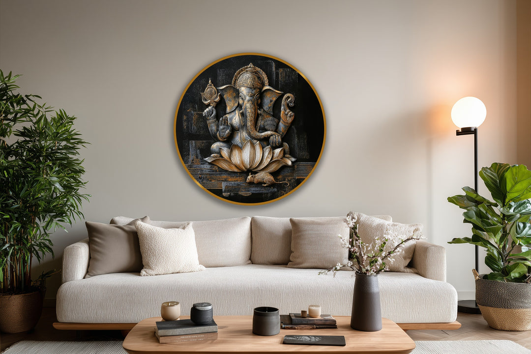 With muted color saturation, the divine prosperity Ganesha lotus round oil painting reproduction print emanates serene elegance with its bronzed and gilded depiction.
