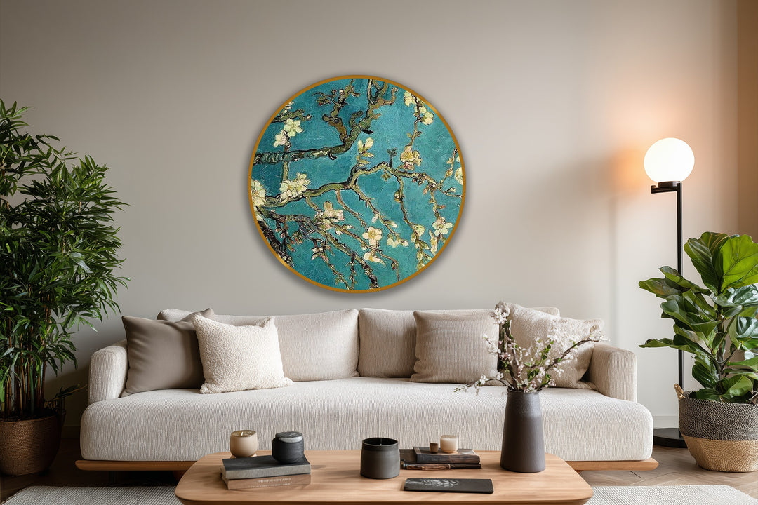 Stillness emanates from the Almond Branches round oil painting art piece, evoking a sense of peaceful reflection amidst delicate blossoms and serene turquoise hues.