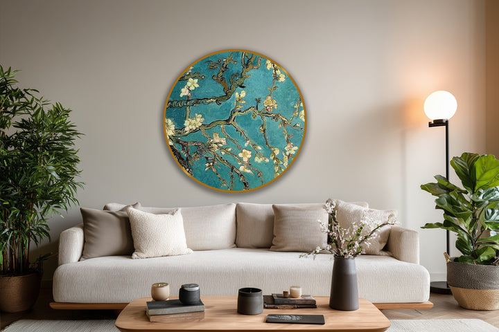 Stillness emanates from the Almond Branches round oil painting art piece, evoking a sense of peaceful reflection amidst delicate blossoms and serene turquoise hues.