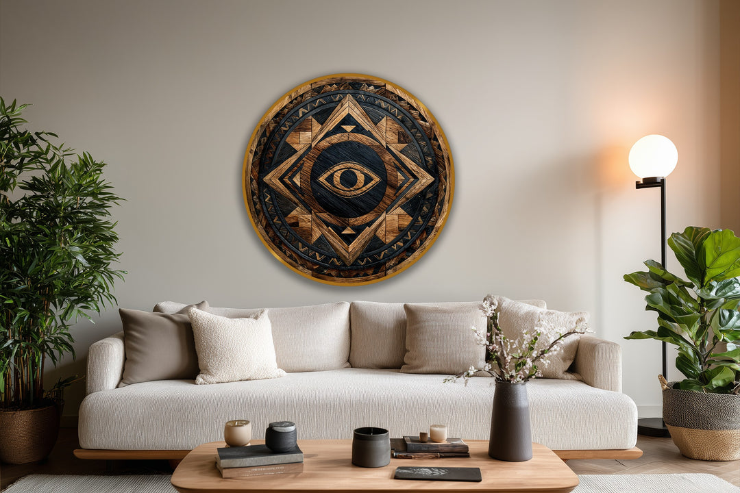 Bold, geometric Tribal Guardian Eye rustic round oil painting artwork emphasizes the all-seeing eye in this modern oil painting art display above a neutral sofa.