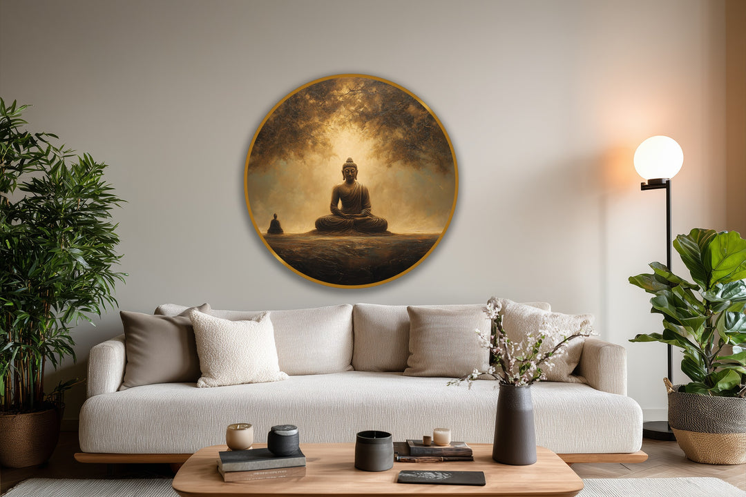 Negative space surrounds the serene Buddha in this round oil painting home decor, accentuating the central figure’s golden stillness and meditative mood.