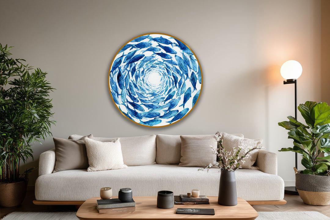 The darkest area reveals the swirling school of fish in this round oil painting decoration, a captivating blue spiral artwork rendered on wood.