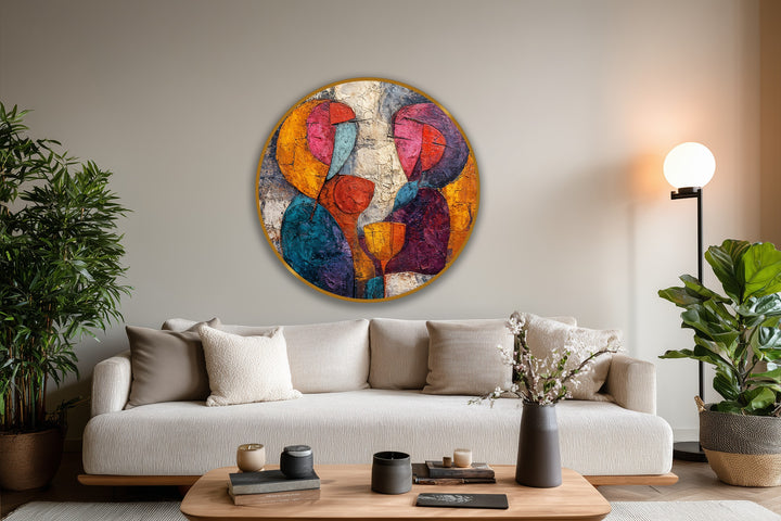 Round abstract oil painting home decor features an orientation with two lovers sharing wine in a textured design, adding artful charm.
