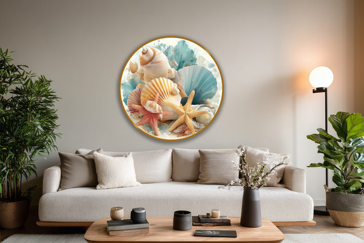 Layering seashells and starfish creates depth in this round oil painting home decor, a pastel-toned coastal shells artwork.