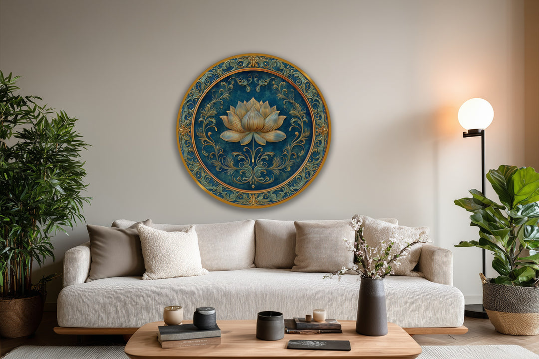 Intense color saturation highlights the deep teal and golden tones of this ornate floral round oil painting, a stunning oil painting reproduction print featuring a golden lotus.