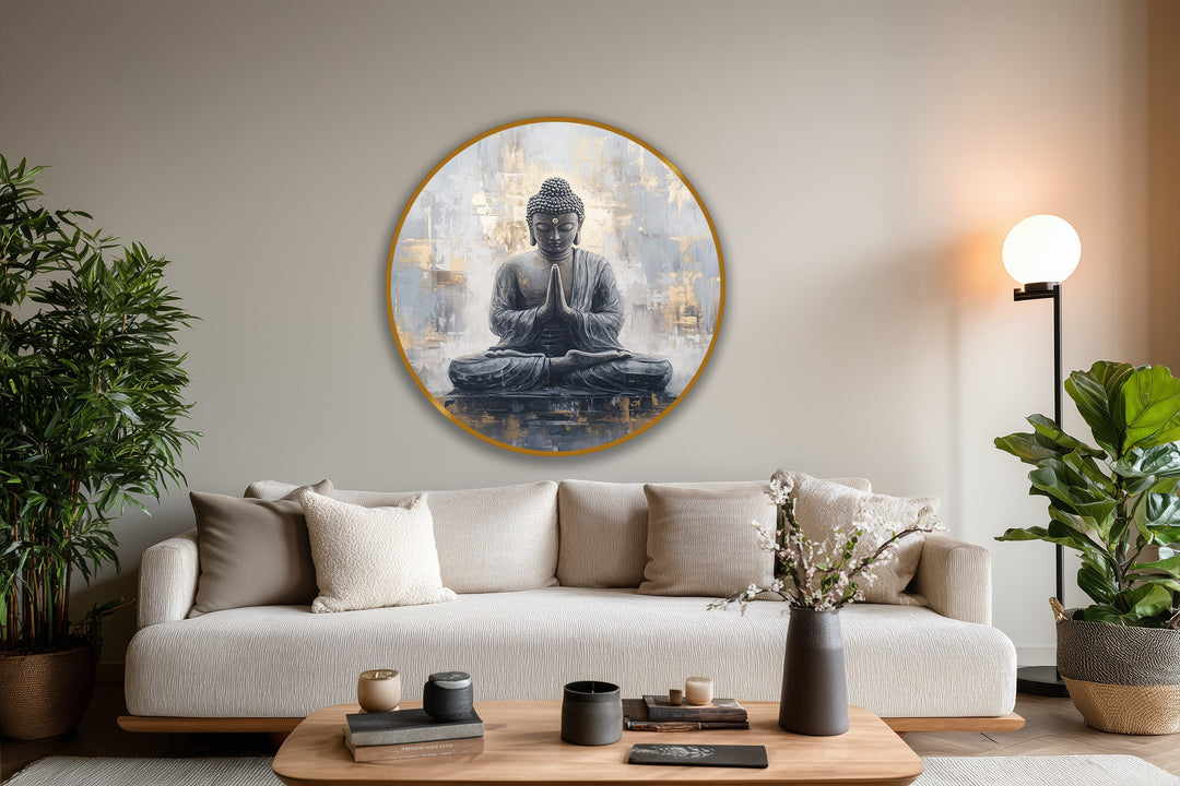Finely crafted oil painting wall art shows the meditating Buddha with rich textures and elegant gold accents, showcasing the high material quality of the round canvas.