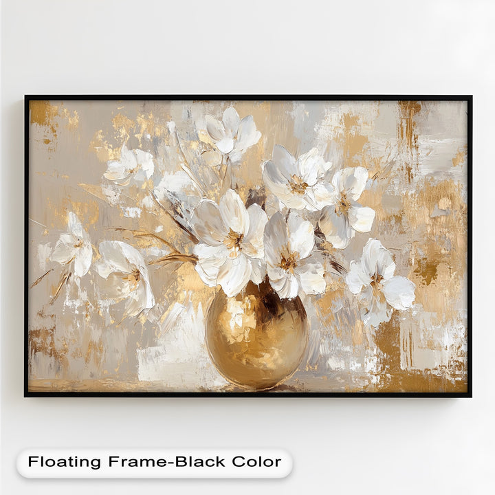 Golden Vase with White Florals – Flower Oil Painting