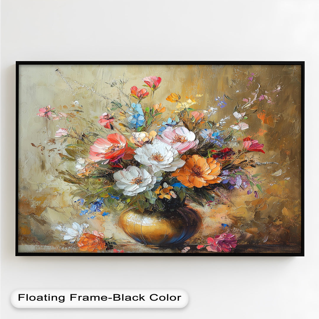 Bold floral bouquet painting with vivid spring blossoms in golden vase.
