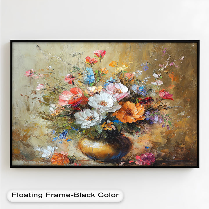 Bold floral bouquet painting with vivid spring blossoms in golden vase.
