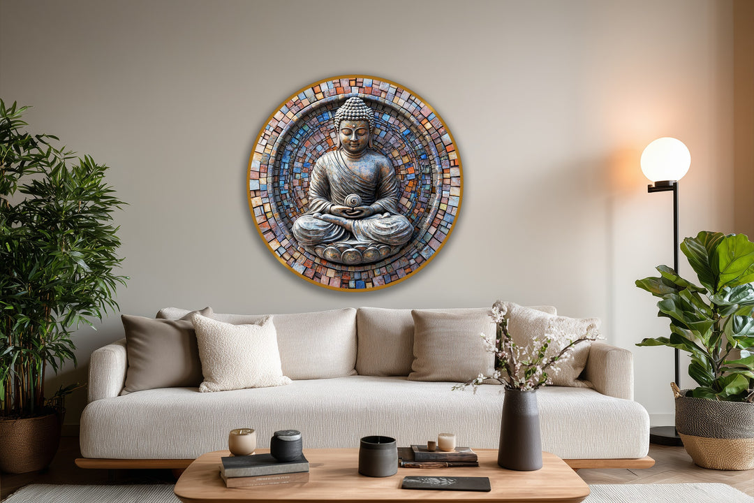 Visual rhythm in the Sacred Mosaic Serenity oil painting wall art is captured through the Buddha round's repetitive mosaic patterns and meditative pose.