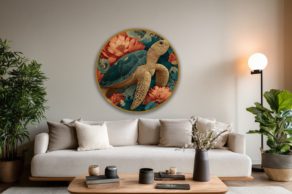 Circular golden sea turtle oil painting artwork with coral flowers and teal tones presents a striking geometric form above a modern sofa.