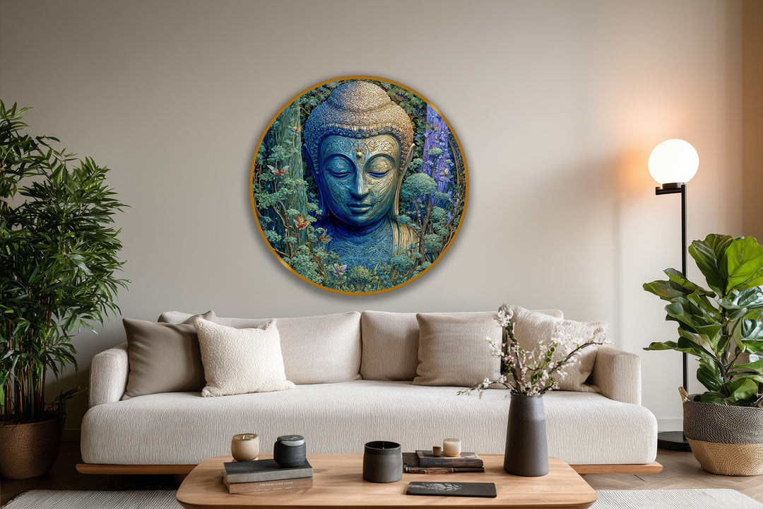 Focal point highlighting the serene Emerald Buddha in this round forest tranquility oil painting wall art, invoking a calming spiritual presence through brushstrokes.