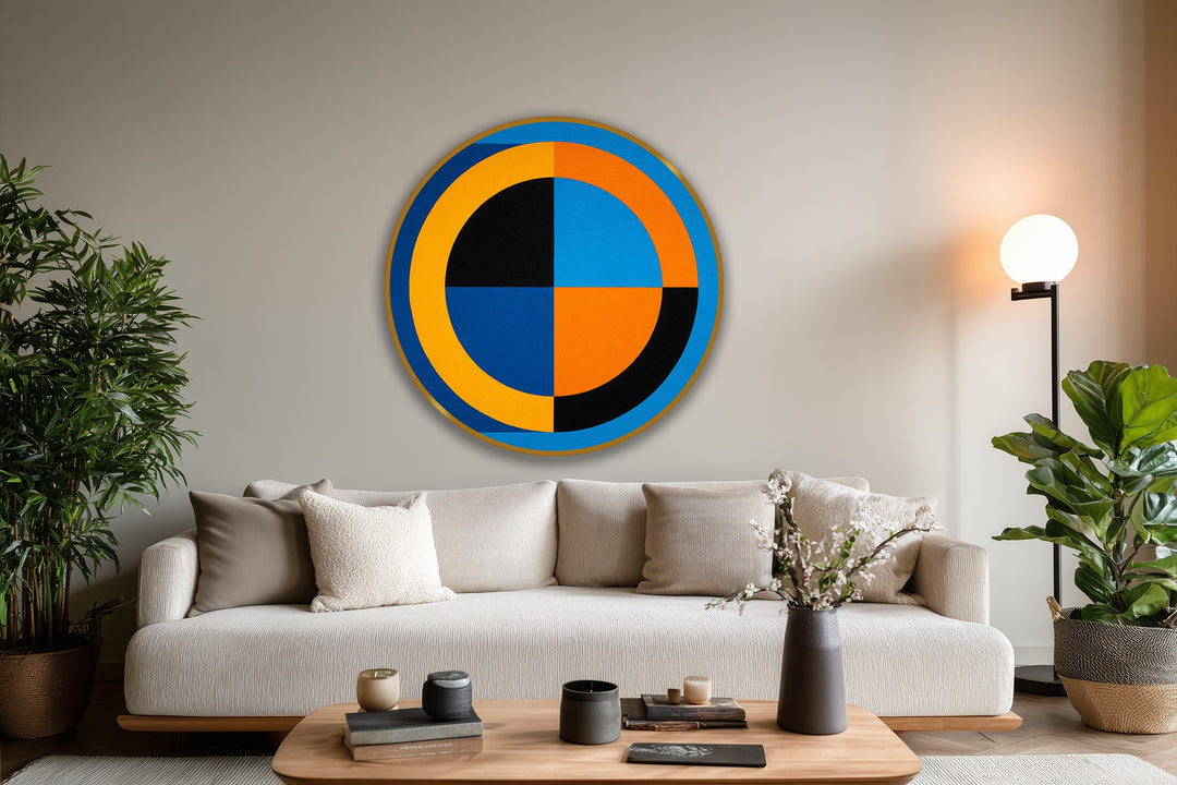 High-quality oil painting art piece features bold geometry in a durable round canvas with a modern abstract design and rich, vibrant blue and orange hues.