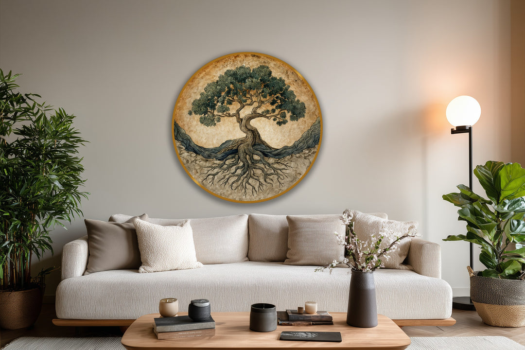 Raíces antiguas de la vida – Árbol simbólico redondo Cuadro al óleo