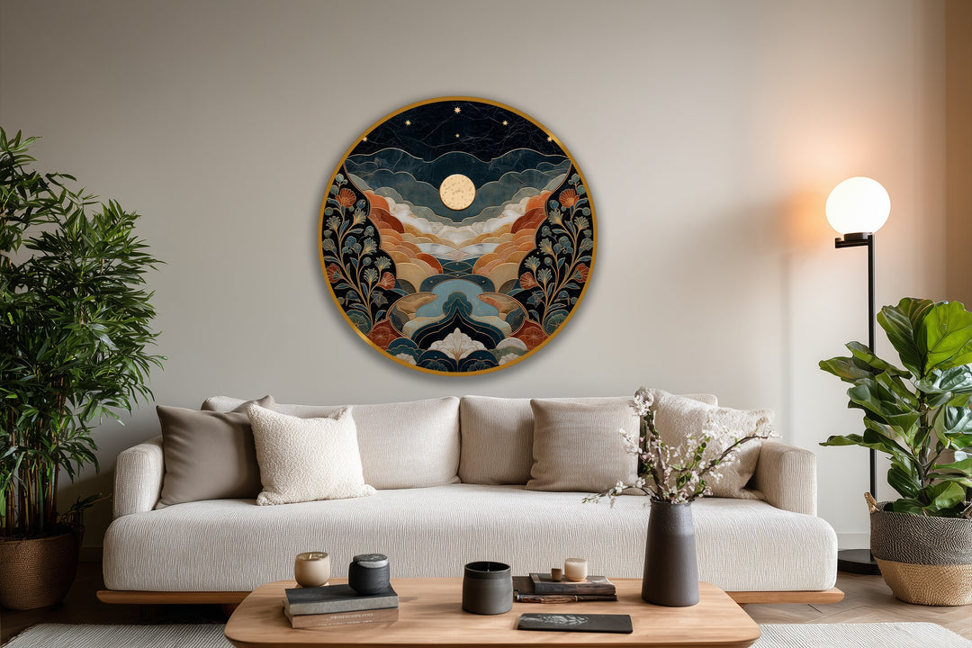 Illuminating the center, the moon is the focus of this celestial valley moonlit landscape round oil painting reproduction print, showcasing layered hills and floral accents.