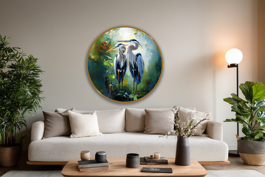 Negative space around the round Twin Grace oil painting art piece highlights the heron pair, creating a captivating focal point within the decor.