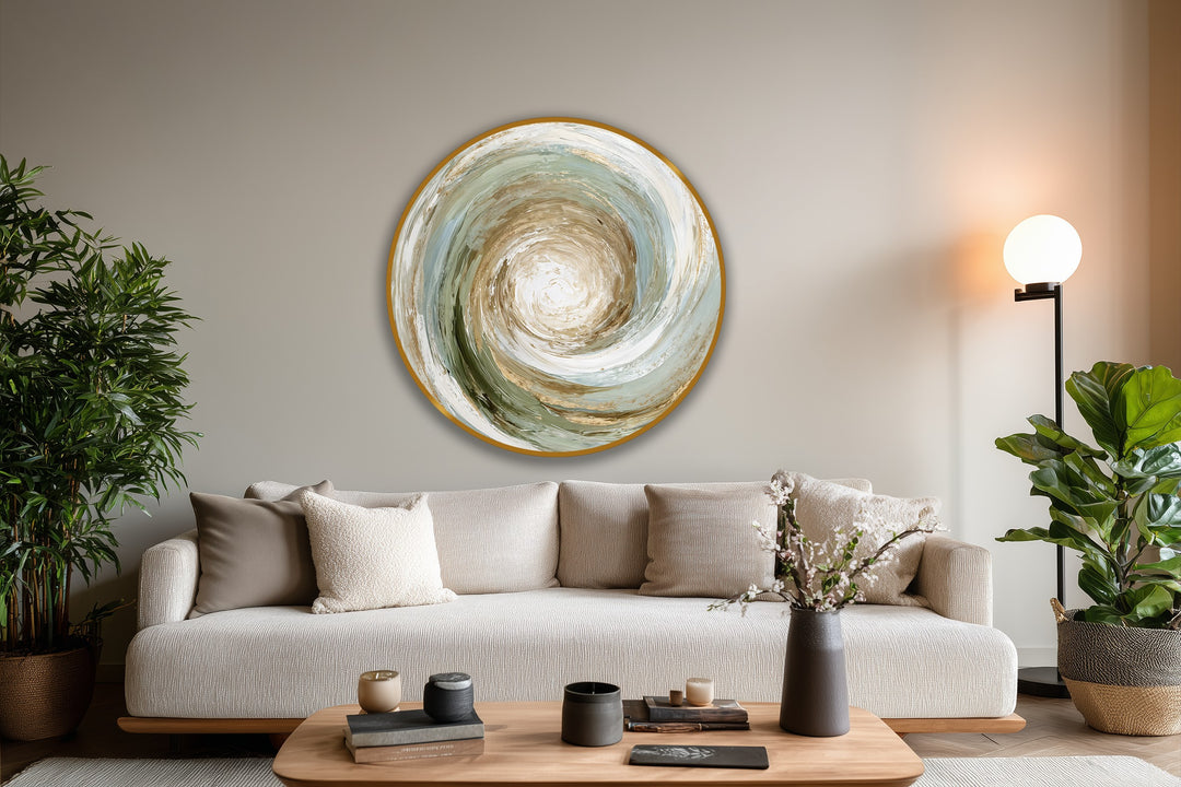 Glimpsing the edge and borders of this earth-toned spiral abstract round oil painting offer a captivating view, enhancing any oil painting home decor.