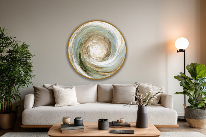 Glimpsing the edge and borders of this earth-toned spiral abstract round oil painting offer a captivating view, enhancing any oil painting home decor.