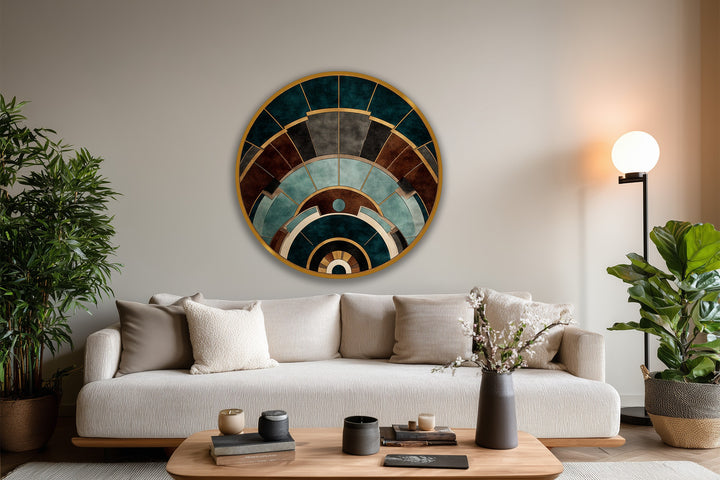 Subtle gradations of light and shadow define the layered arcs in this geometric round wooden oil painting, a modern oil painting art piece.