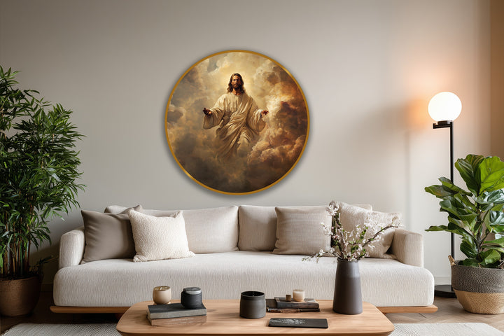 The realistic detail shows a radiant Christ in clouds oil painting home decor, a round portrayal with impressive golden lighting and heavenly grace.