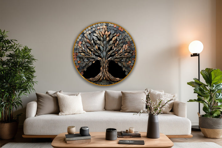 Inviting and organic, the circular oil painting artwork presents a calming rustic coin tree scene, adding a touch of nature-inspired elegance and depth to the home decor.