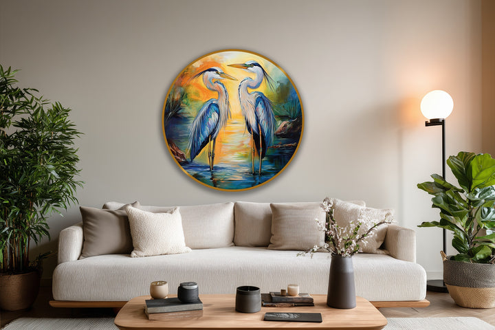 Vibrant color saturation enhances the depiction of graceful herons in this sunset reflections round, modern oil painting art, creating an eye-catching piece.